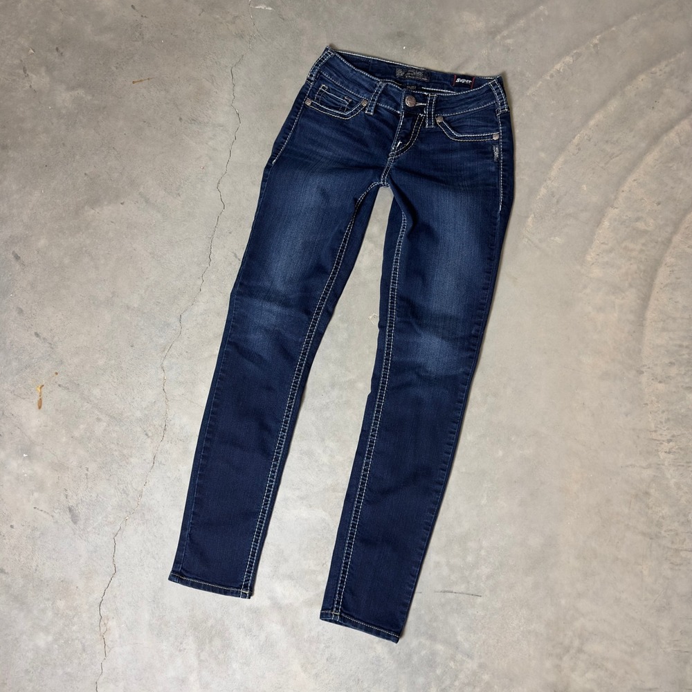 Silver Jeans Co Suki Mid Skinny Jeans Womens 26x31 Dark Blue Contrast Stitching